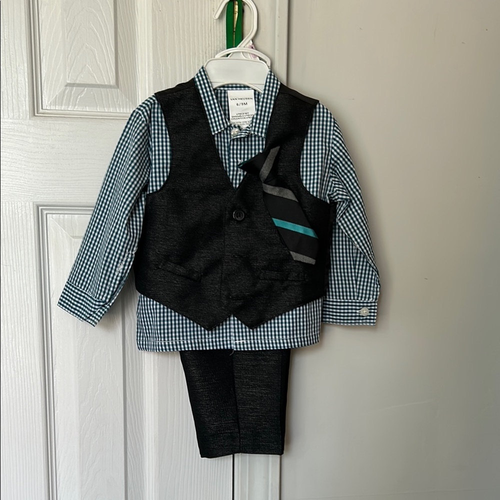 Van Hausen Black Vest & Pants w/ Blue Shirt & clip on Tie. Set is 6-9 months